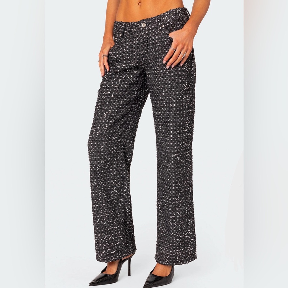 EDIKTED Nyah Black Cotton Stretch Sequin Low Rise Wide Leg Jeans Size L